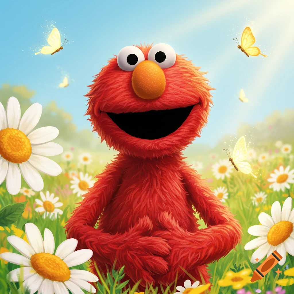 Elmo smiles happily in a sunny field of white daisies with yellow butterflies.