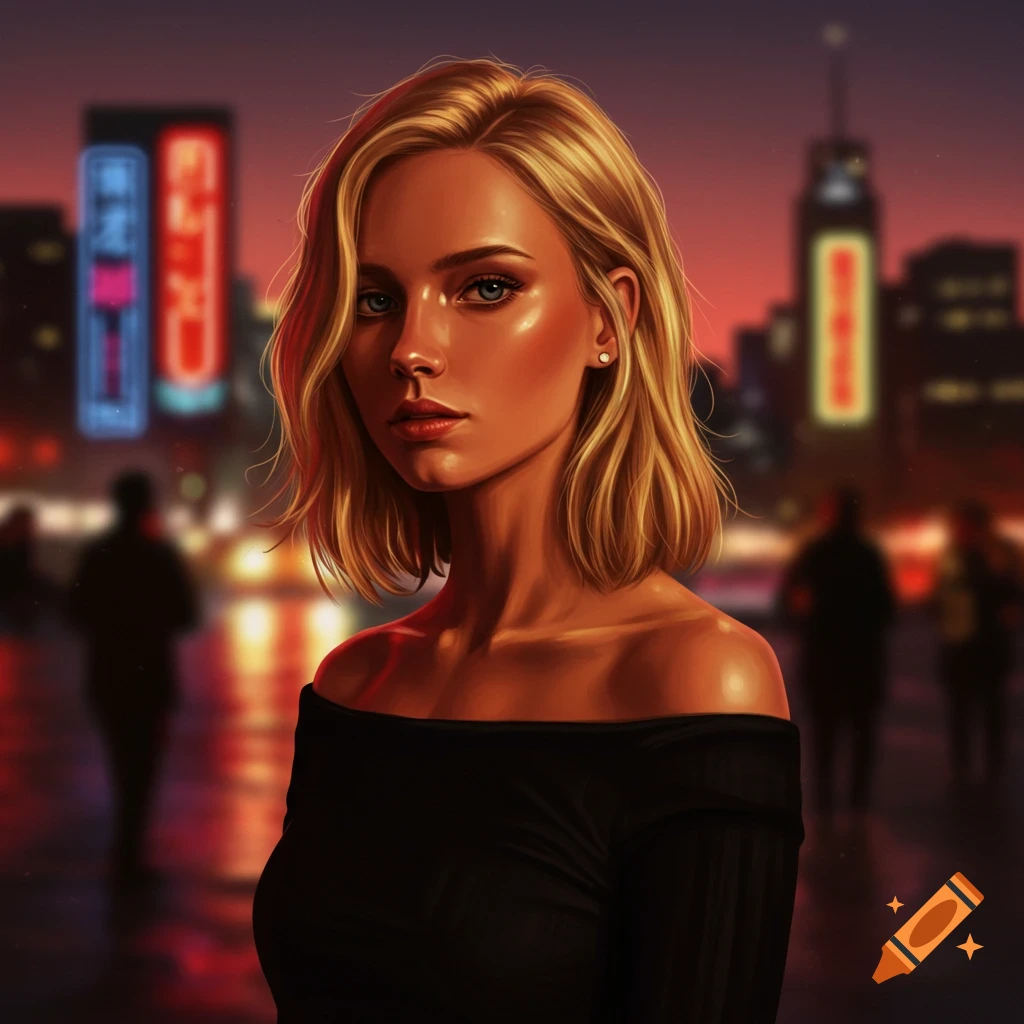 Photorealistic portrait of a blonde woman in a black top against a blurred city background with neon lights at dusk.