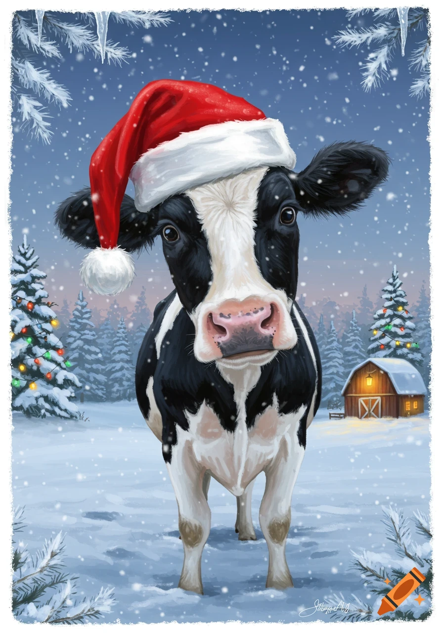 A black and white cow wearing a red Santa hat stands in a snowy winter landscape with decorated Christmas trees and a barn, in a digital painting style.