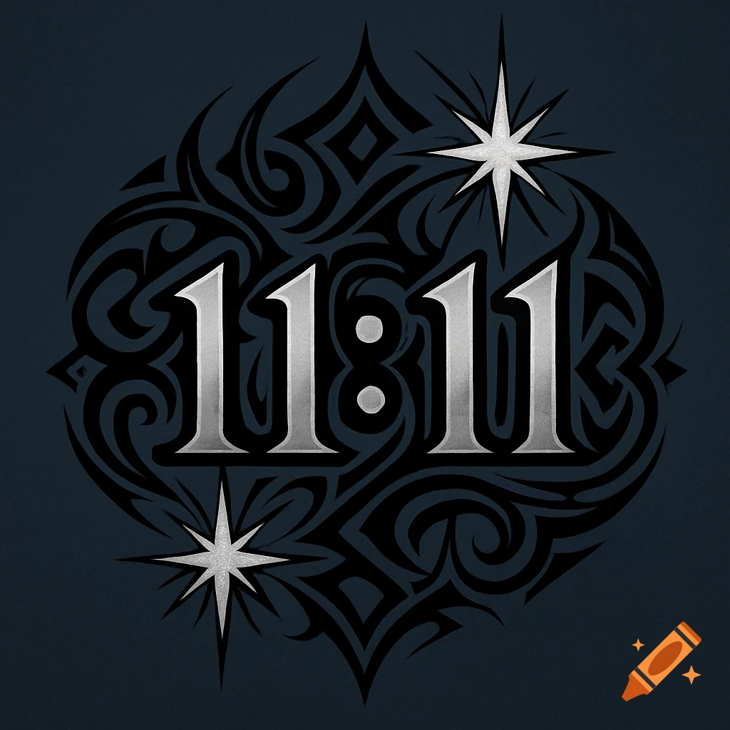 Metallic '11:11' numbers centered within a black neotribal design, flanked by two sparkling stars on a dark background.