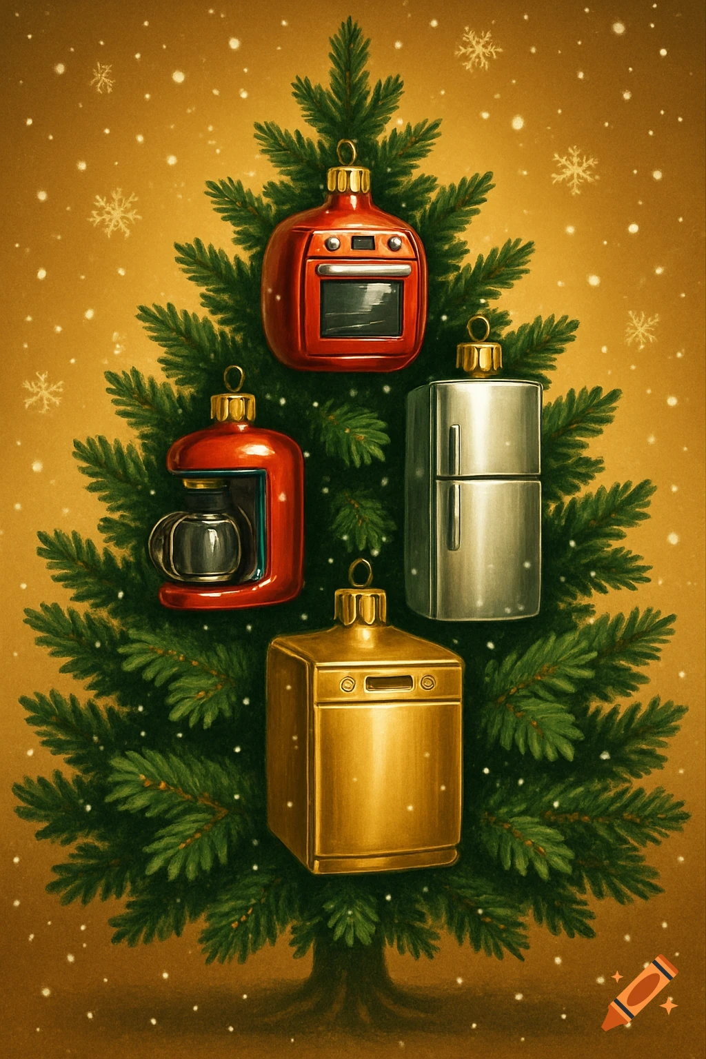A Christmas tree decorated with ornaments shaped like a red oven, a red coffee maker, a silver refrigerator, and a gold dishwasher, against a snowy golden background.