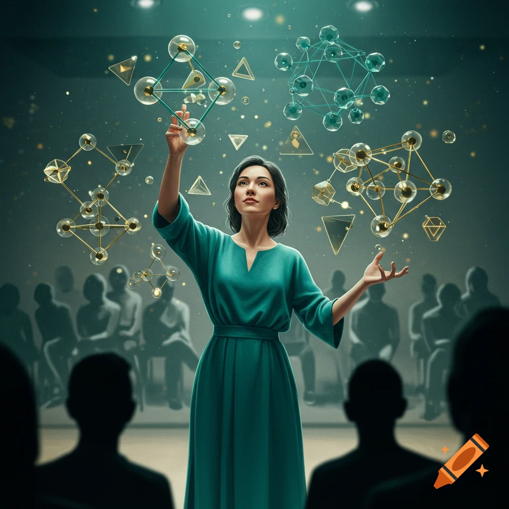 Conceptual illustration of a woman in a teal dress manipulating glowing geometric structures on a stage with a blurred audience.
