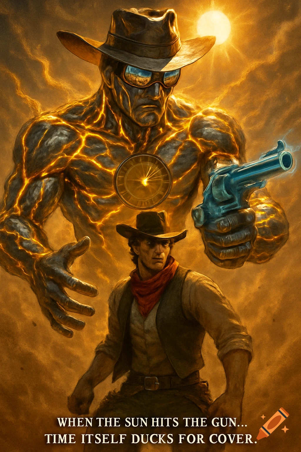 A dramatic illustration of a cowboy and a glowing, rock-like humanoid Stand holding an energy gun, against a golden sky. Text reads: 'WHEN THE SUN HITS THE GUN... TIME ITSELF DUCKS FOR COVER.'