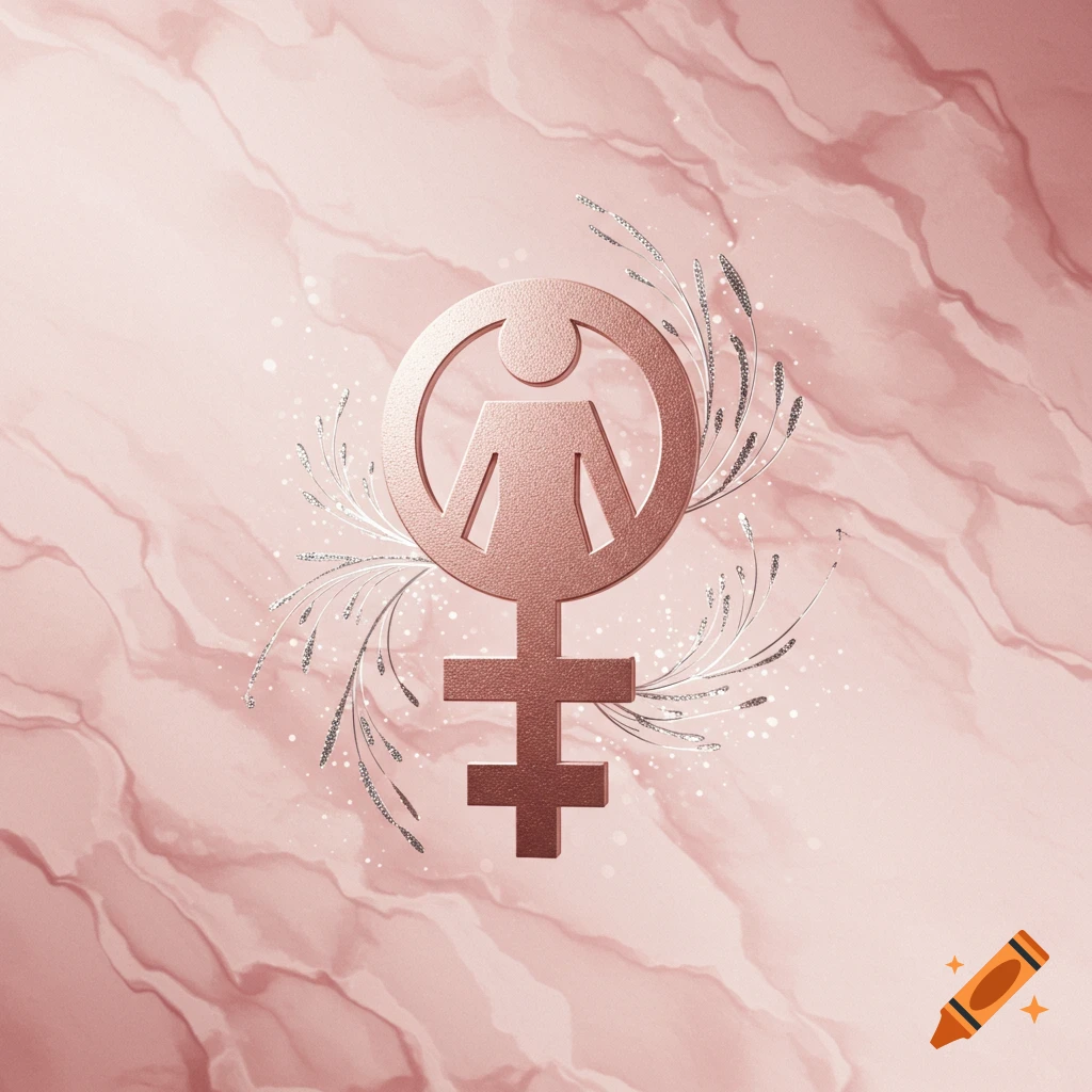 A metallic rose gold female gender symbol with sparkling silver floral accents on a pink marble background.