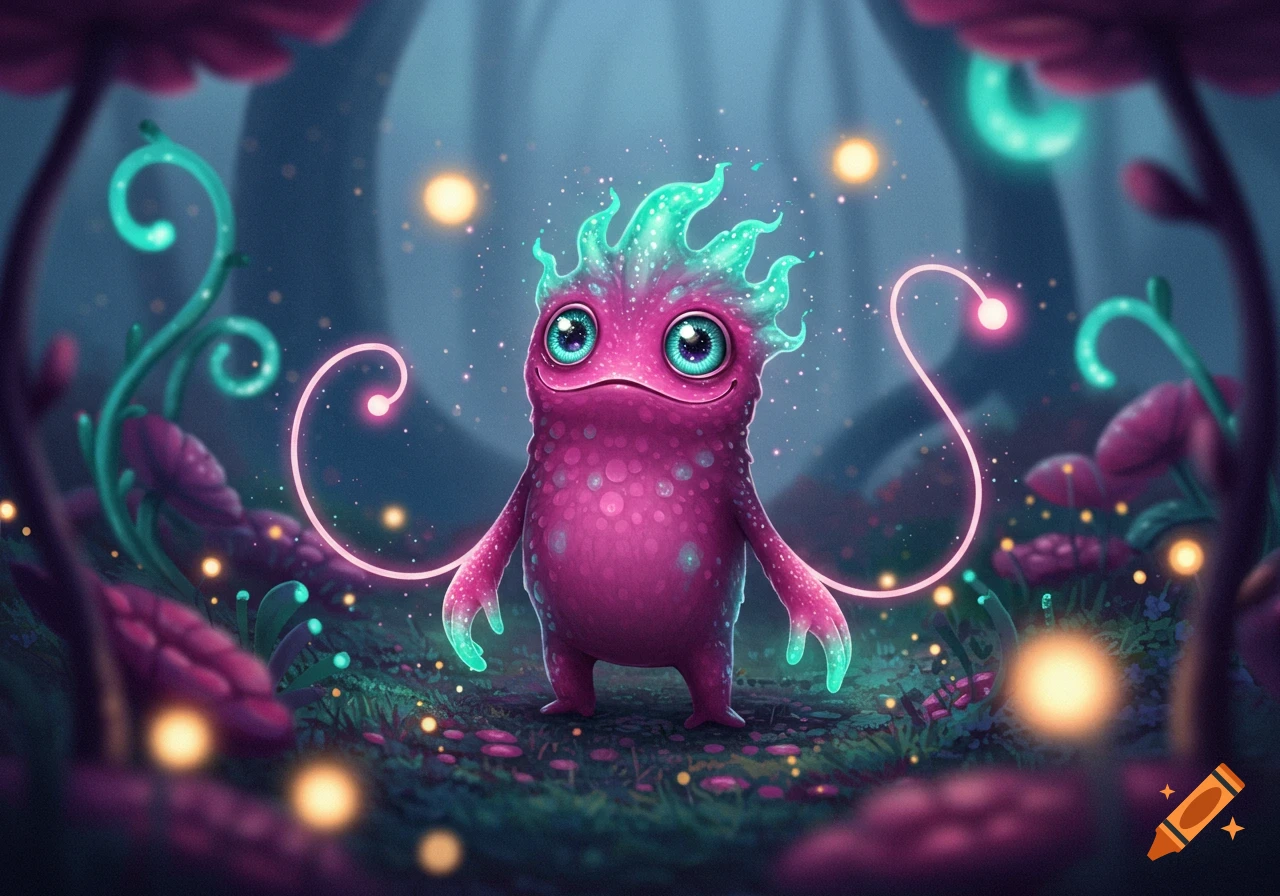 A smiling pink monster with large blue eyes and glowing turquoise hair and hands, in a magical forest with luminous plants.