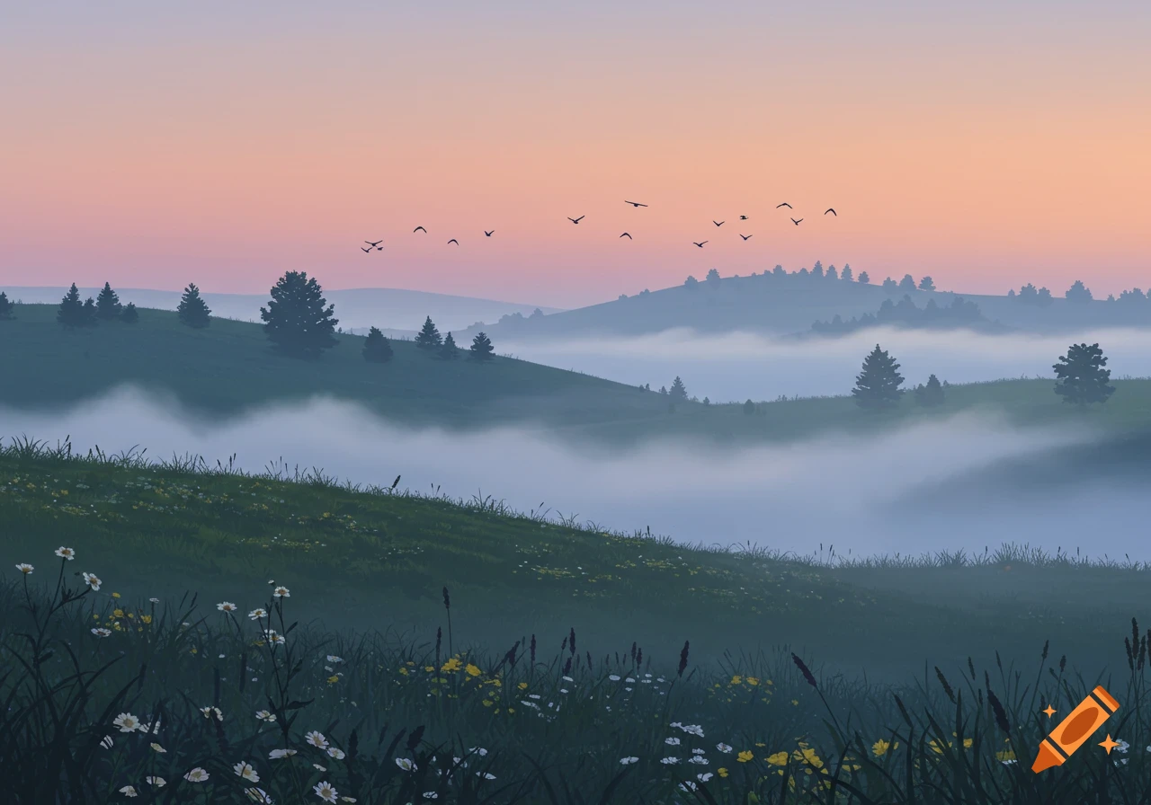 A serene, misty morning landscape with rolling green hills, scattered evergreen trees, and a flock of birds flying against a soft pink and orange sky.