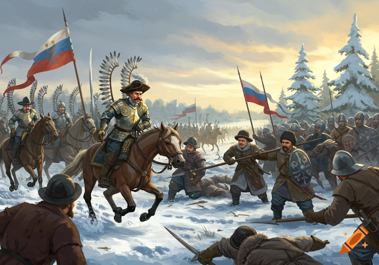 A stylized painting of a historical winter battle with Polish winged hussars on horseback clashing with Russian soldiers in the snow, under a cold sky.