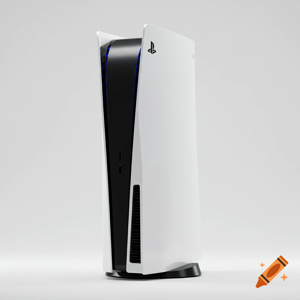 A white and black PlayStation 5 console stands vertically on a white background, illuminated by a blue light inside.