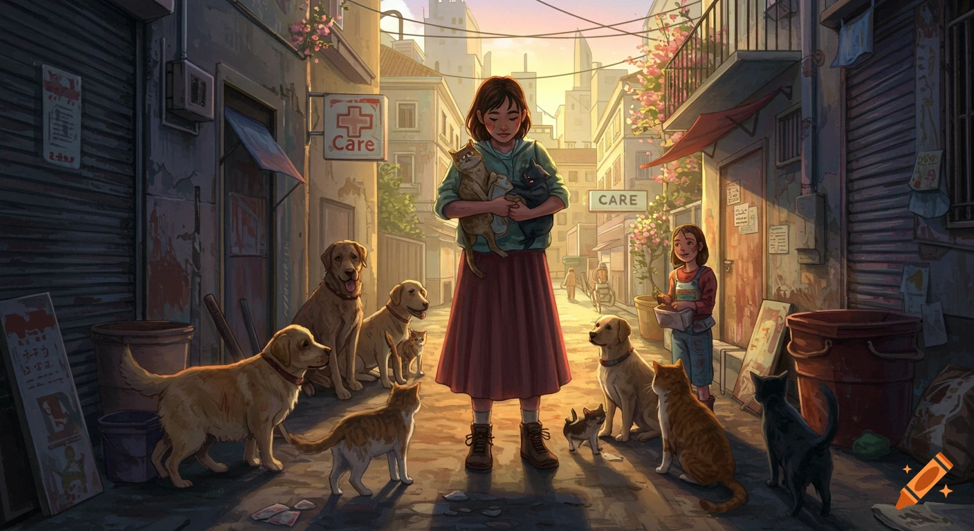 An illustrated scene of a girl hugging two cats, surrounded by dogs and other cats in a city street alley, with another girl holding a bowl in the background.