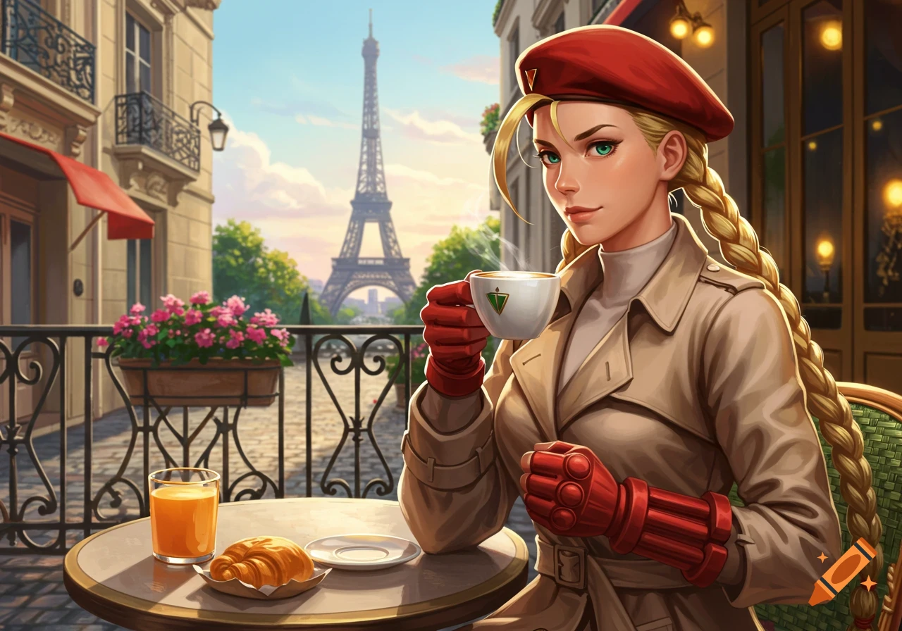 Illustrated Cammy from Street Fighter, wearing a trench coat and beret, sips coffee at a Parisian cafe with the Eiffel Tower in the background.