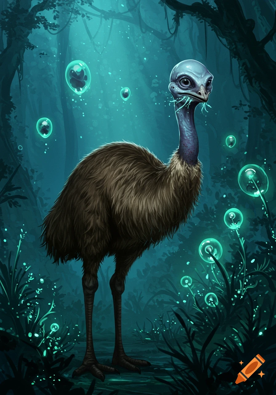 A fantastical emu-alien hybrid creature stands in a luminous dark forest with glowing plants and bubbles.