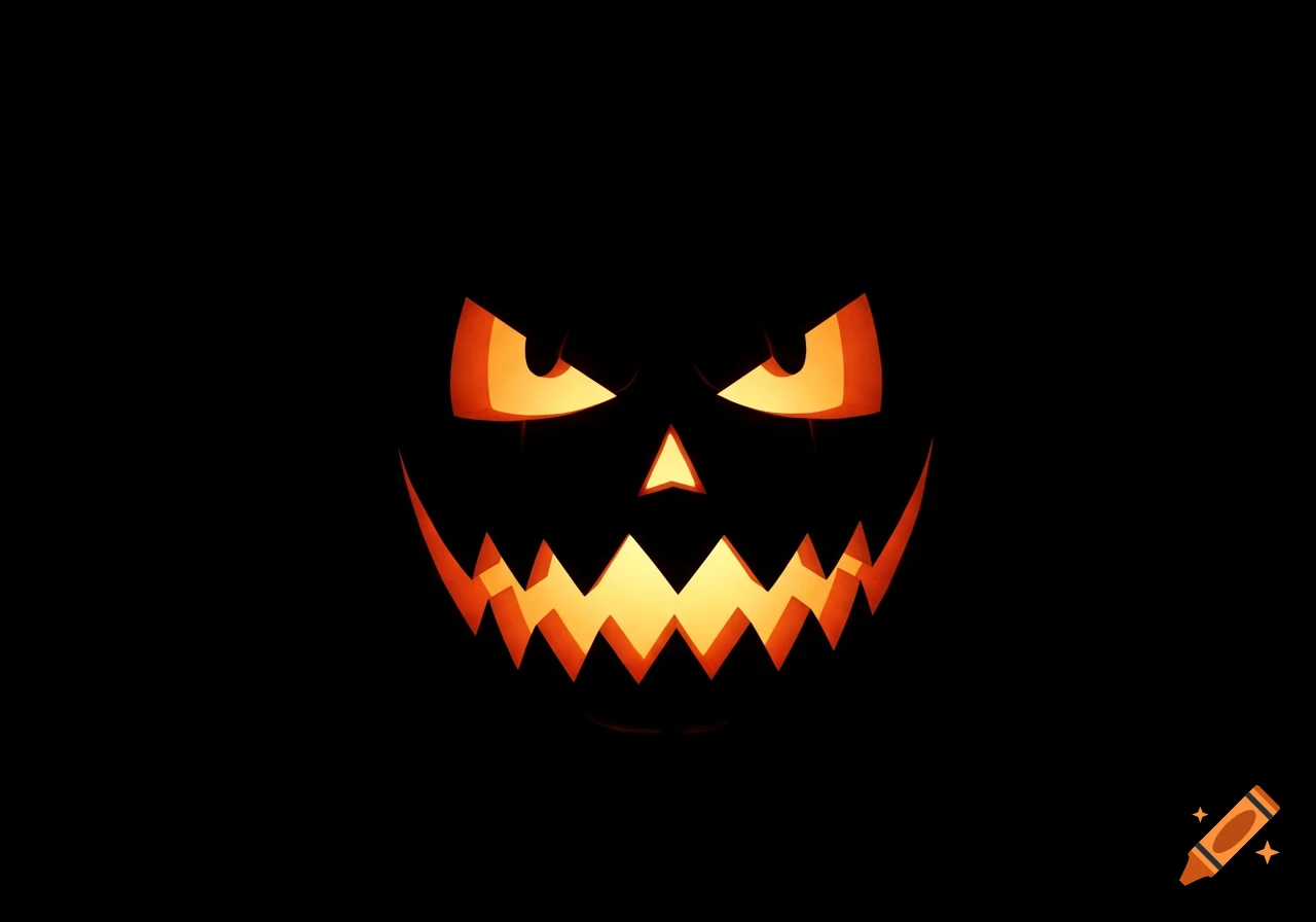 A glowing, orange jack-o-lantern face with angry eyes, a triangular nose, and a jagged, toothed mouth on a black background.