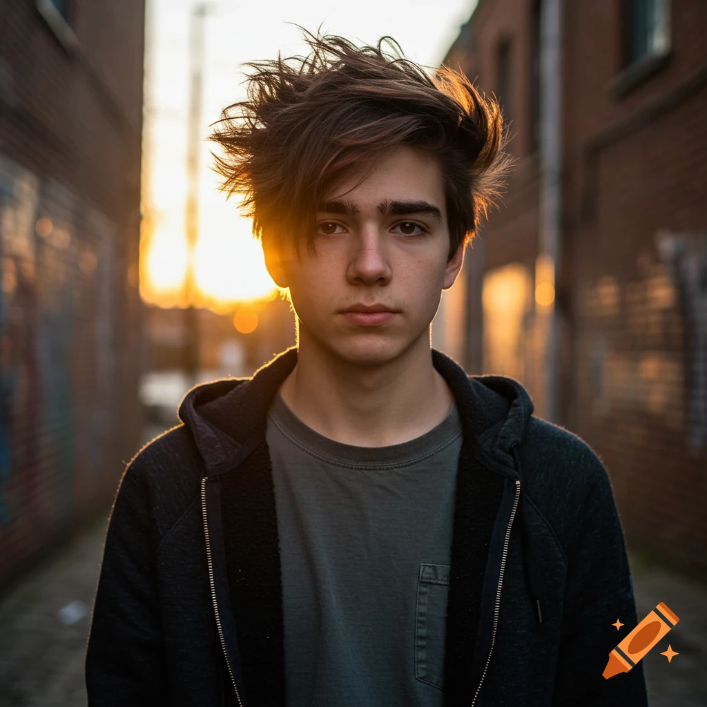 A young man with messy brown hair looking intently at the camera, standing in an alleyway at sunset, photorealistic.