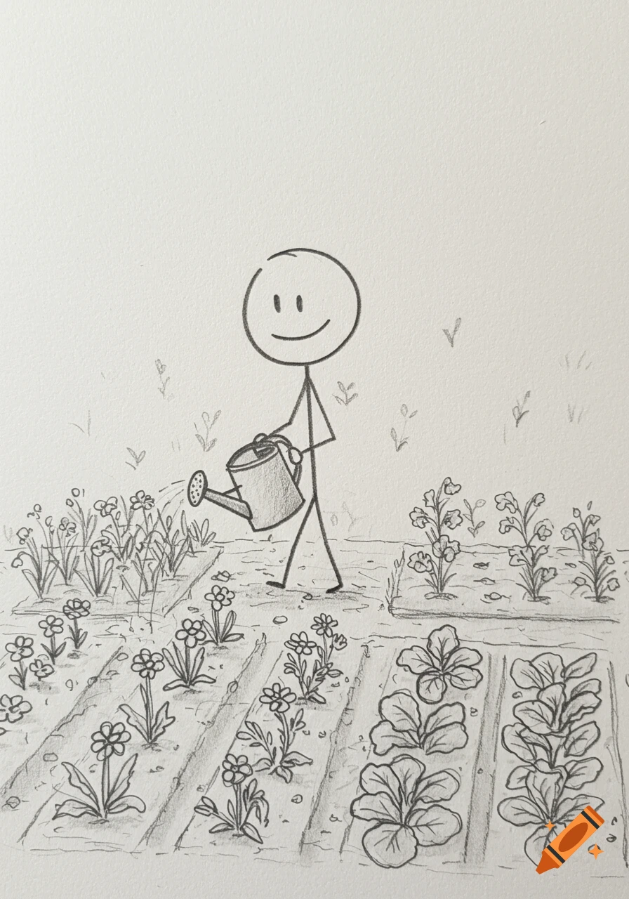 A happy stick figure watering plants in a garden, drawn in a soft pencil sketch style.