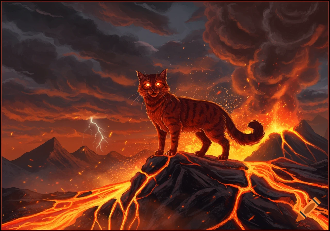 An orange cat with glowing eyes stands on a rock amidst flowing lava and an erupting volcano under a stormy sky with lightning.