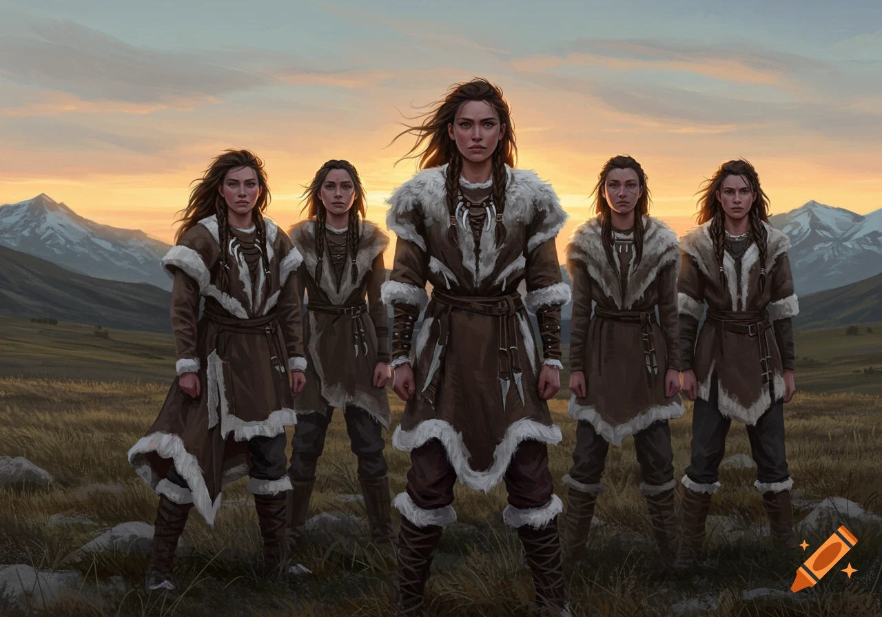 Five women in fur-lined clothing stand in a grassy field with mountains at sunset, digital painting.