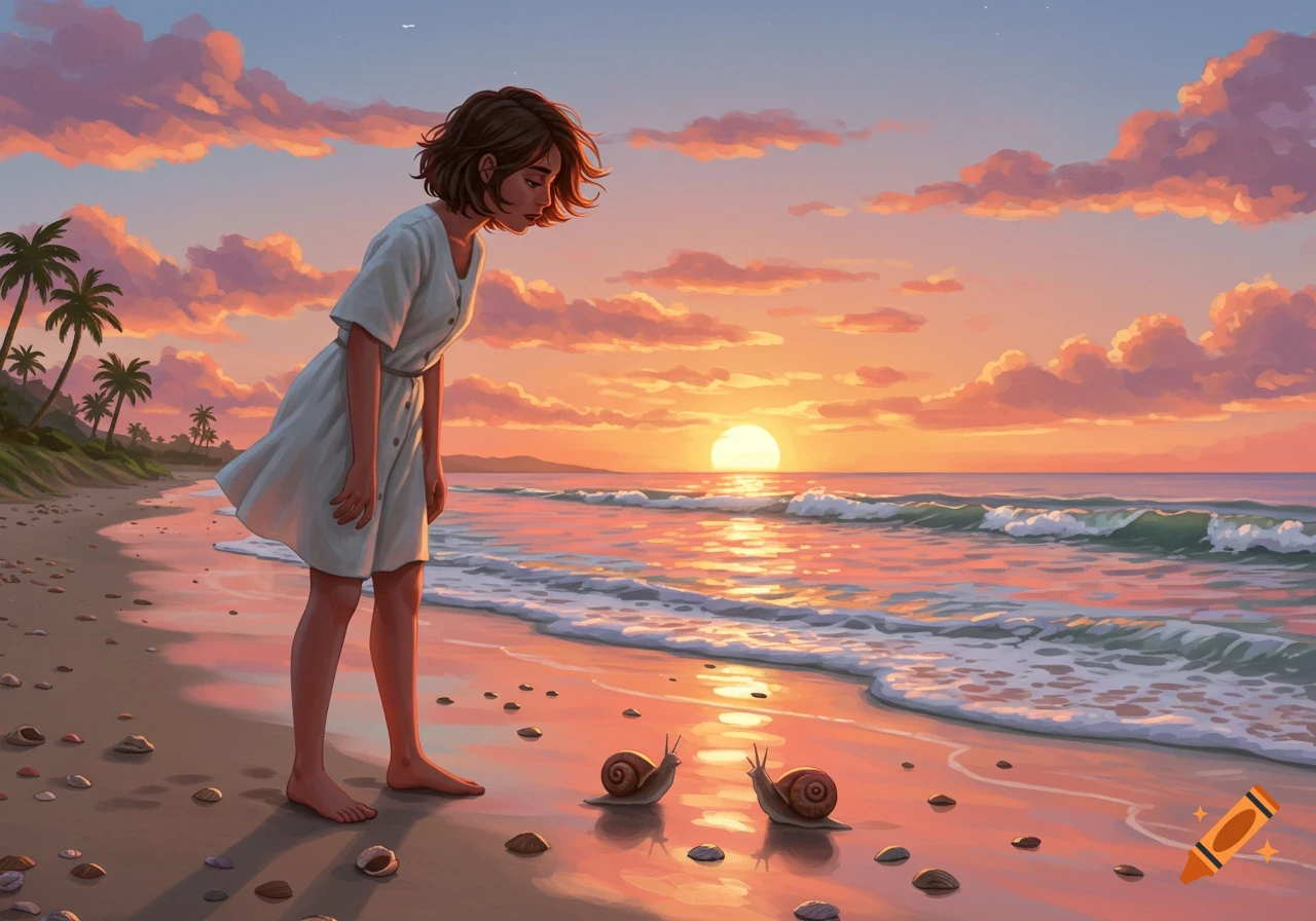 An illustrated young woman in a white dress observes two snails on a sandy beach at a colorful sunset.