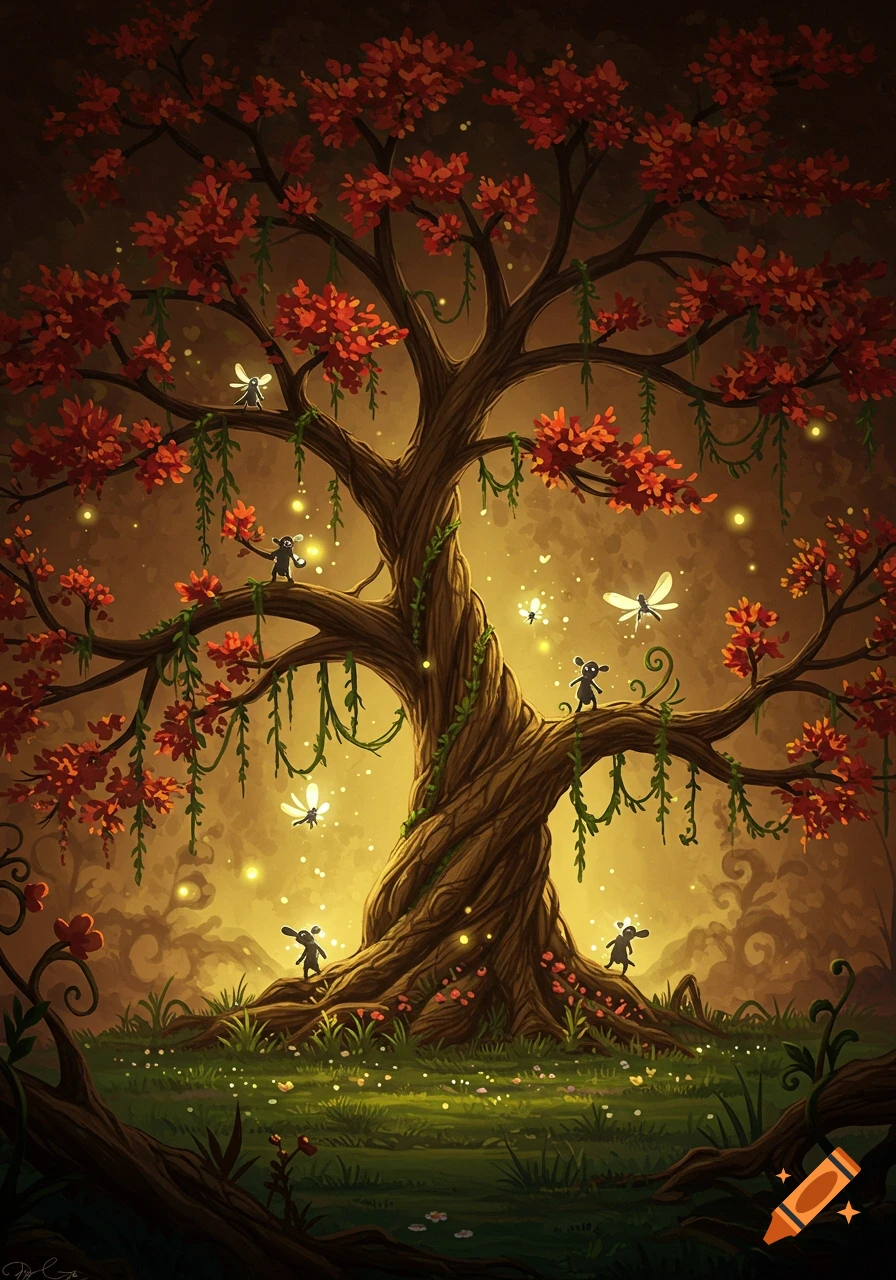 Illustrative fantasy art of a magical, gnarled tree with glowing red leaves and vines. Small creatures and fireflies glow in a luminous forest.