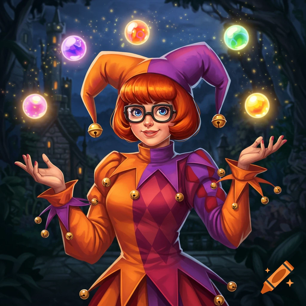 A female jester with red hair and glasses juggles glowing orbs in a whimsical night scene with a castle in the background.