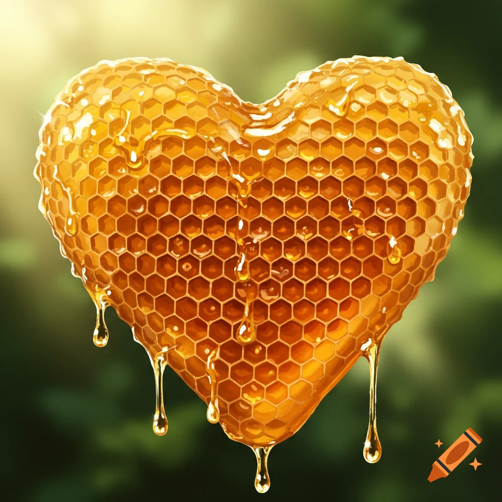A vibrant heart-shaped honeycomb drips with golden honey against a soft, blurred green background, bathed in warm sunlight.