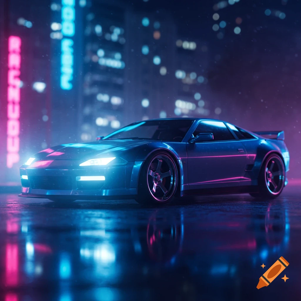 A sleek blue sports car with neon highlights on a wet city street at night in a cyberpunk style.