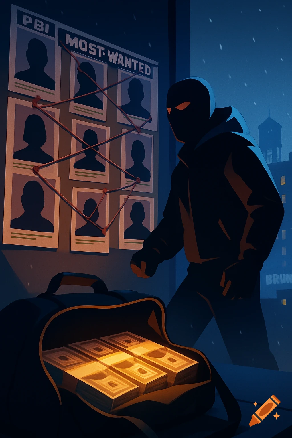 A masked figure in a dark room stands next to an open duffel bag full of money and a bulletin board with "Most Wanted" posters. Stylized illustration.