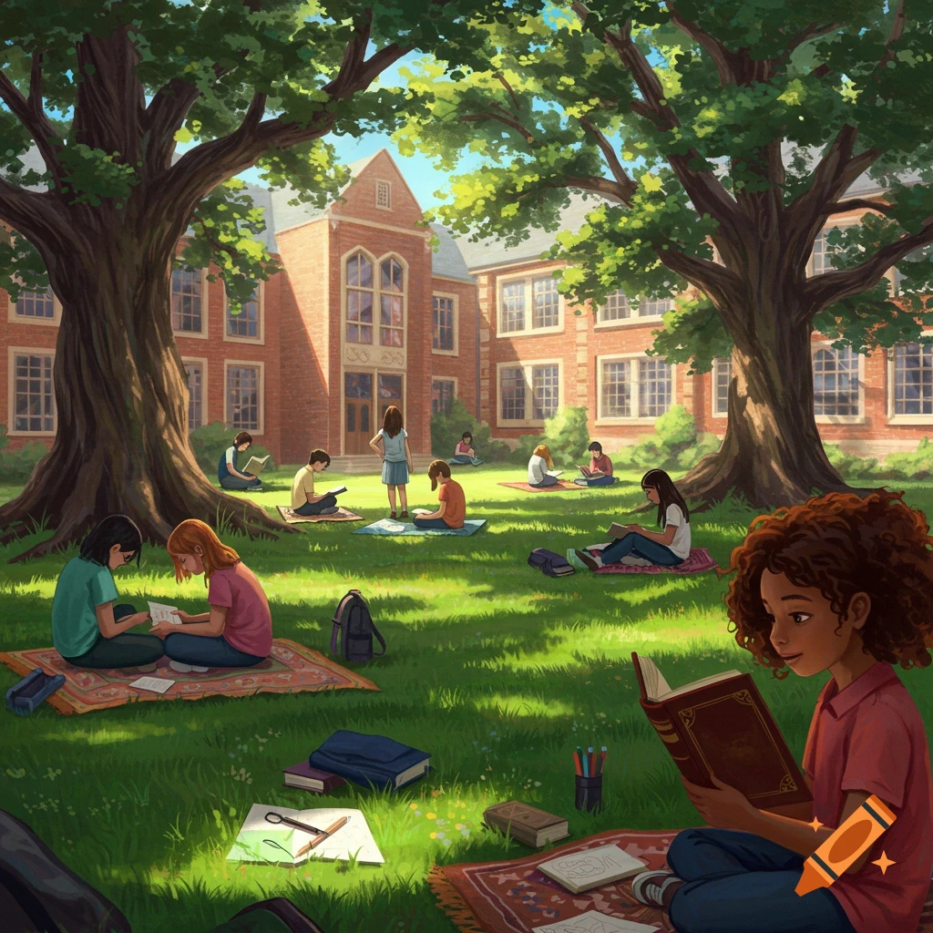 Illustrated scene of students reading and studying on a sunny grassy lawn in front of a brick school building, under large trees.