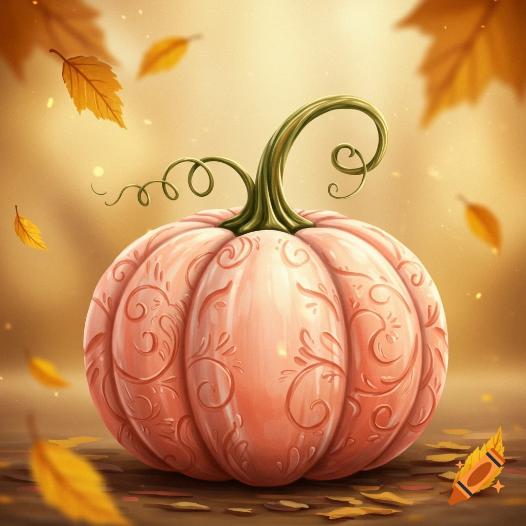 A decorative light pink pumpkin with intricate floral patterns and a curly green stem, surrounded by falling autumn leaves.
