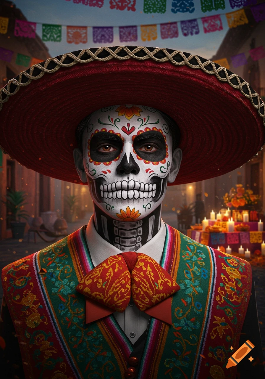 Portrait of a man with colorful sugar skull face paint, a large red sombrero, and a vibrant serape, with festive banners in the background.