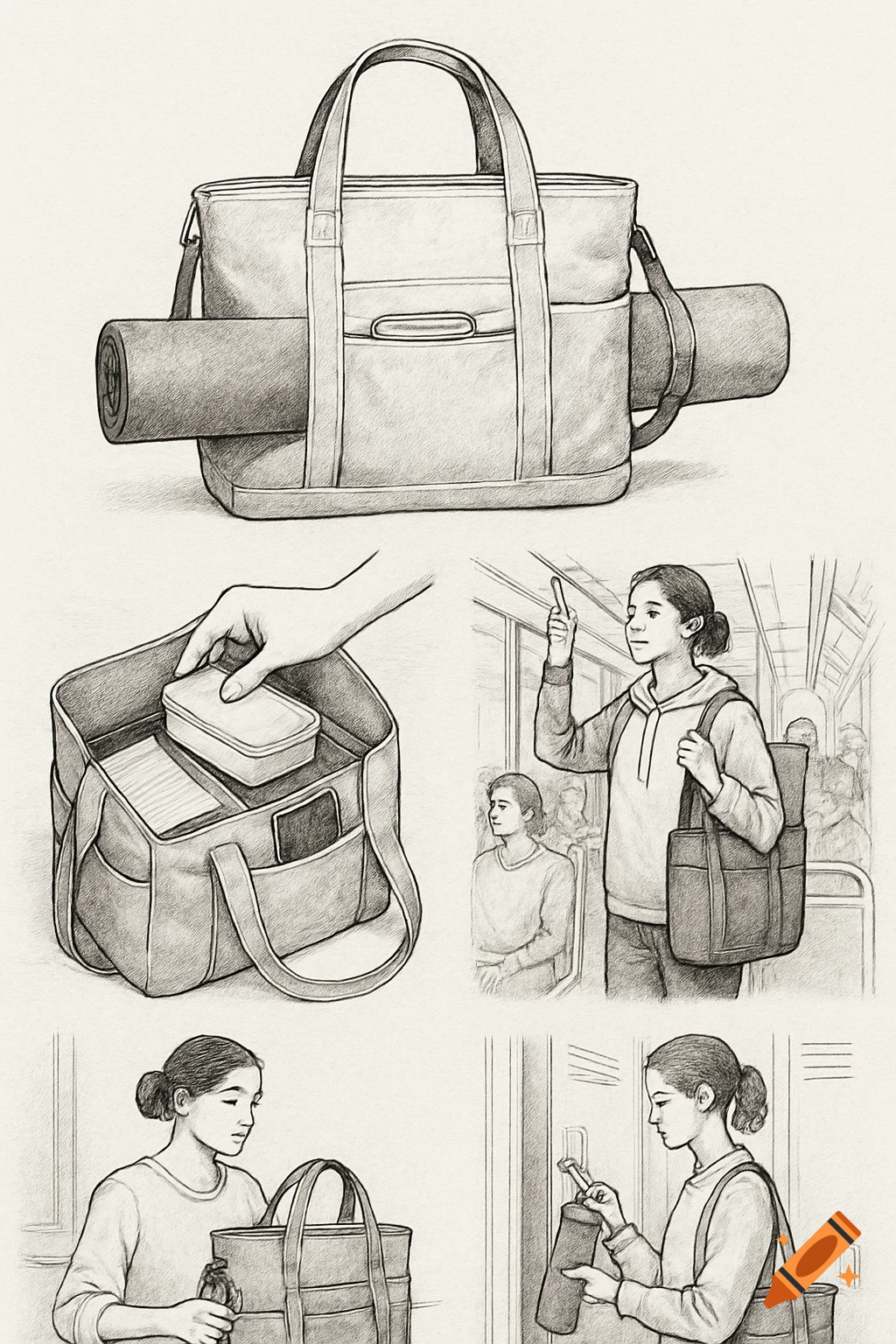 A multi-panel sketch illustration shows a student packing a yoga bag, commuting, and putting the bag in a locker.