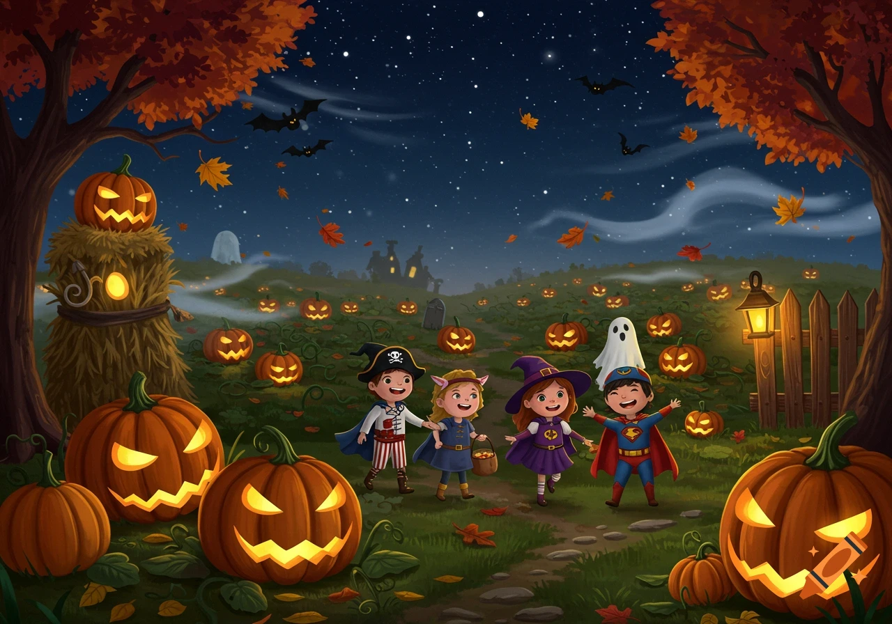Whimsical Halloween illustration of four children in costumes walking through a field of glowing jack-o'-lanterns under a starry night sky.