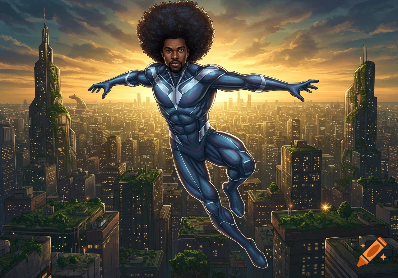 A light-skinned Black superhero with a large afro, wearing a dark blue and silver suit, flies over a futuristic city during sunset.
