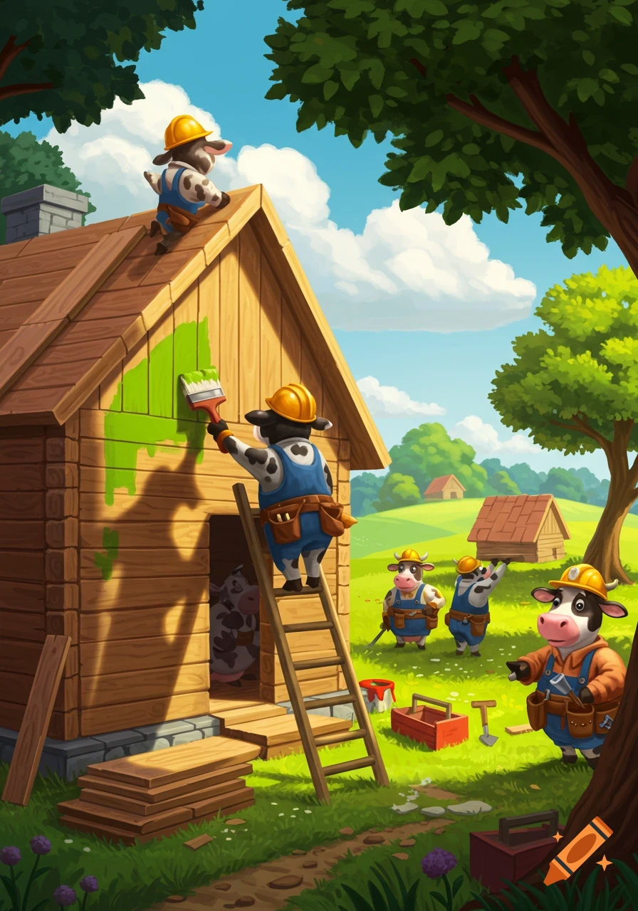 Cartoon cows building and painting a wooden house green in a sunny field.