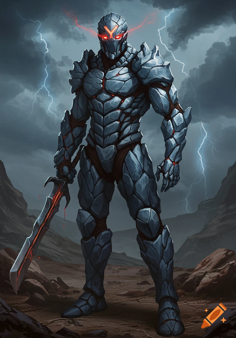 A heavily armored figure with a glowing Y-shaped visor and red eyes stands in a stormy, rocky landscape, holding a sword.