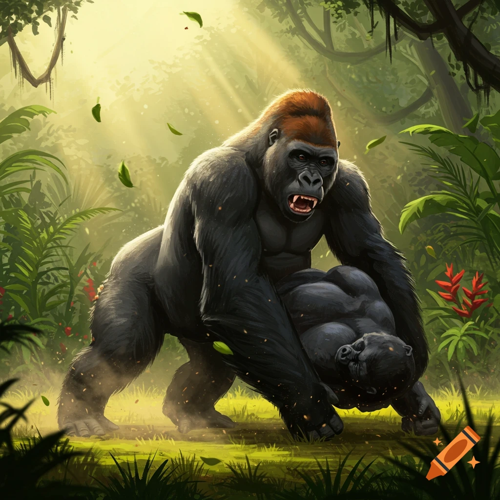 A powerful gorilla with an open mouth wrestles another gorilla on the ground in a sunlit jungle, with leaves falling.