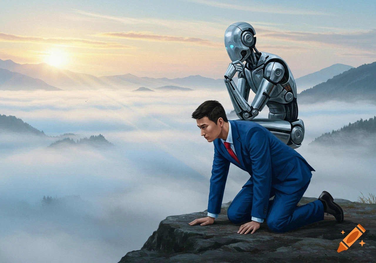 A man in a blue suit kneels on a mountain cliff, carrying a silver robot in a 'Thinker' pose, overlooking a misty mountain landscape at sunrise.