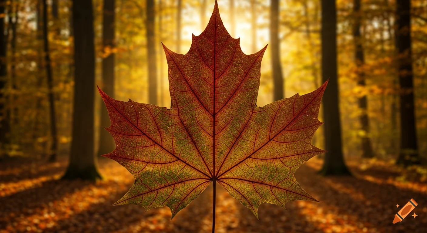 A vibrant red and orange maple leaf with intricate veins stands against a blurred, sunlit autumn forest background.