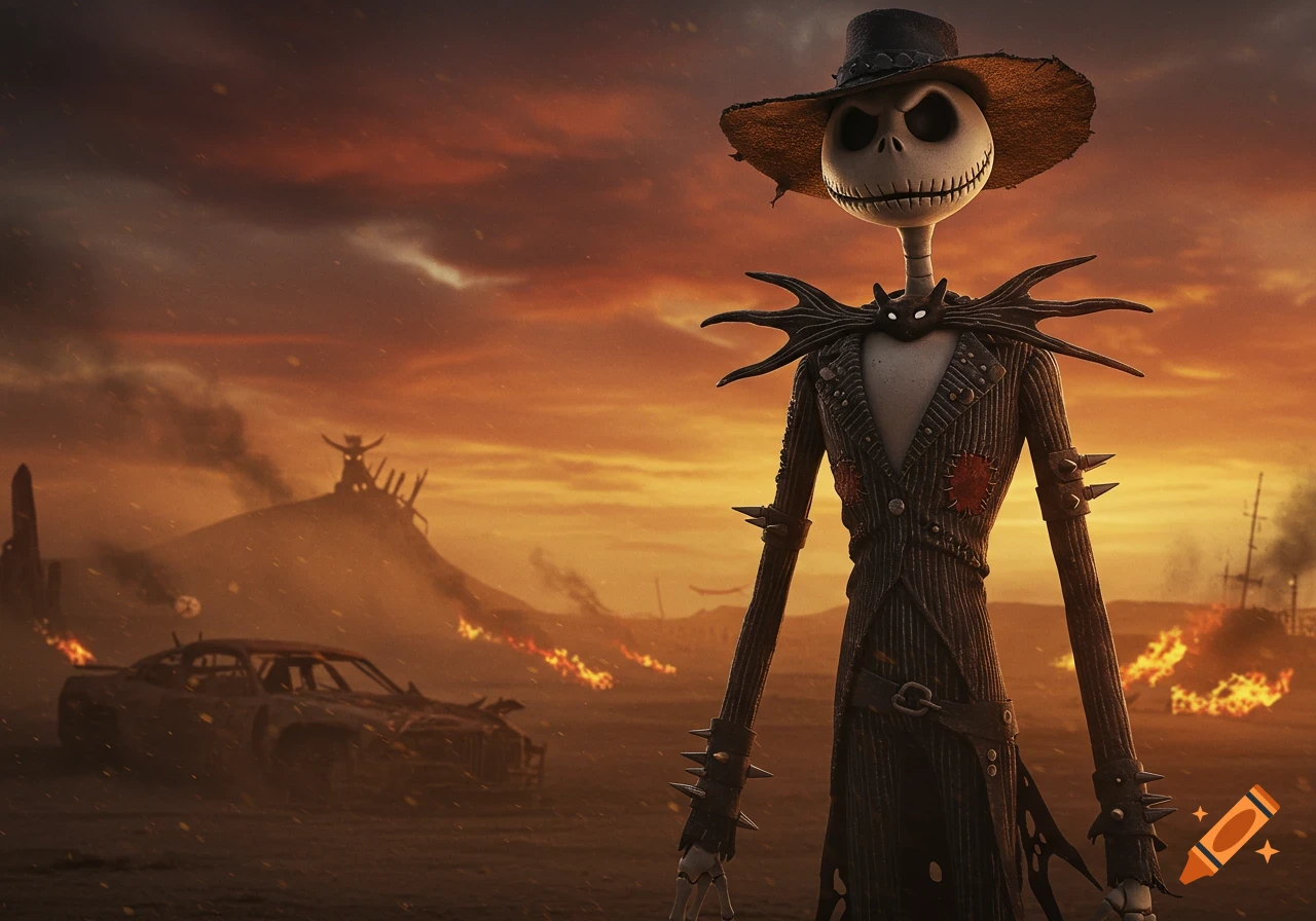 Jack Skellington in a Mad Max-style outfit, standing in a fiery post-apocalyptic desert wasteland at sunset with burning cars.