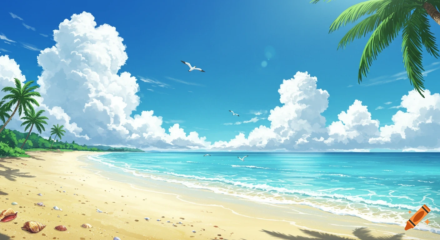 Vibrant anime tropical beach with blue sky, fluffy clouds, palm trees, turquoise ocean, and seagulls flying above.