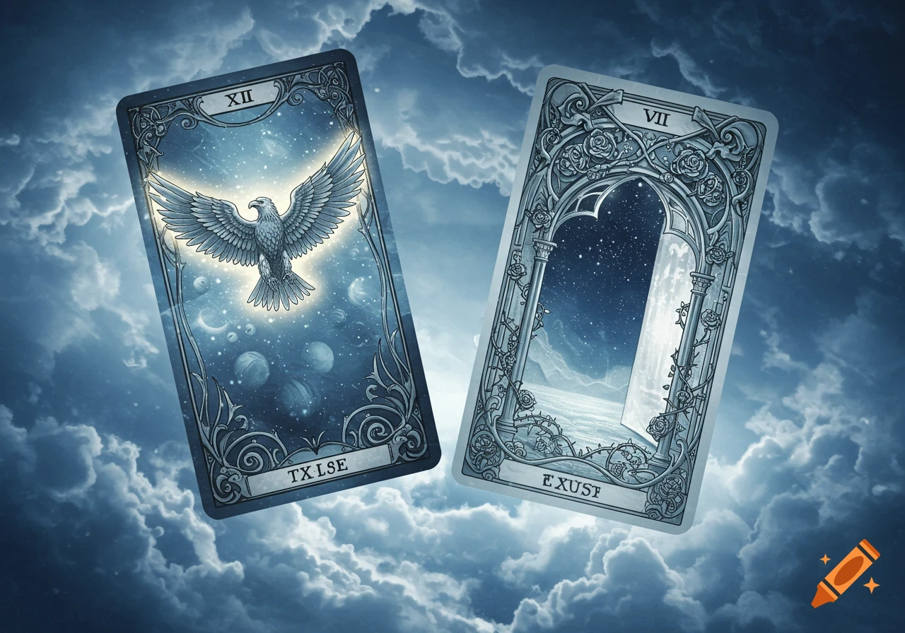 Two ornate fantasy cards float in a cloudy blue sky. The left card shows a glowing eagle in a cosmic scene, the right an arched doorway to a starry night.