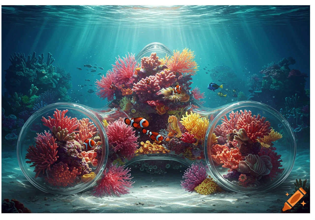 A vibrant underwater trirama with colorful coral reefs, clownfish, and a seahorse inside clear, interconnected glass tubes on the ocean floor, lit by sunbeams.