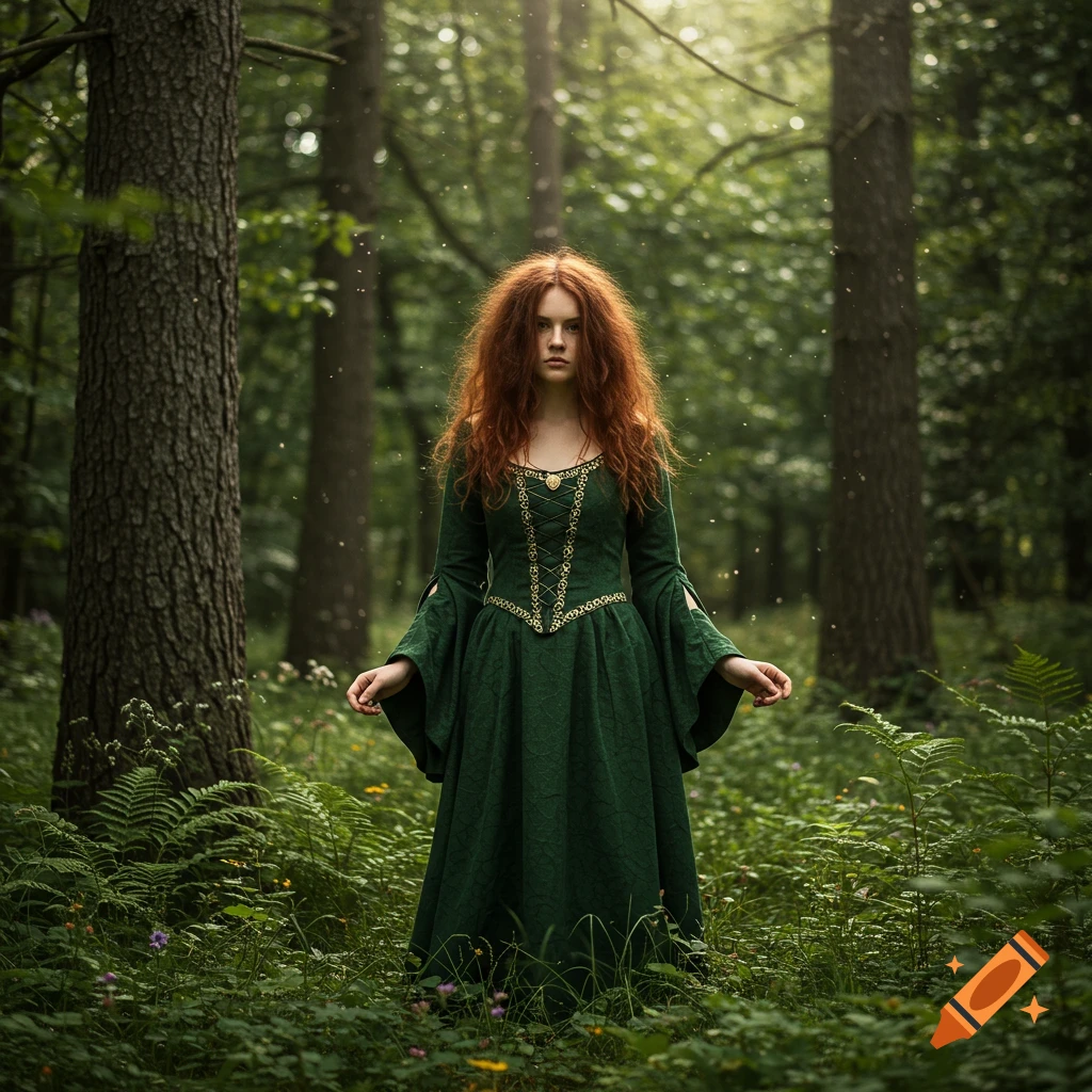 A young woman with long, wild red hair wearing a dark green medieval-style gown stands in a sun-dappled forest.