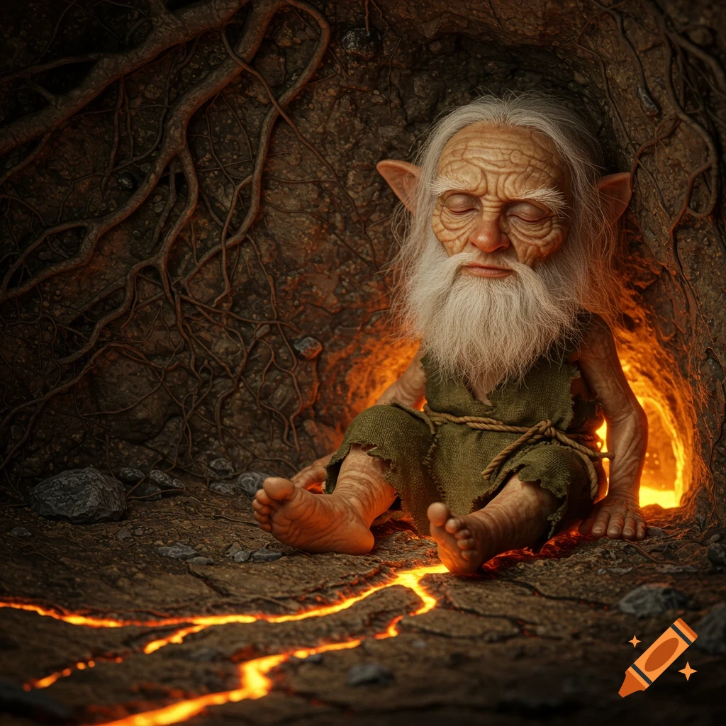 An old, white-bearded gnome with deeply wrinkled skin sits sleeping in a dirt cave with exposed roots and glowing cracks of lava on the ground.