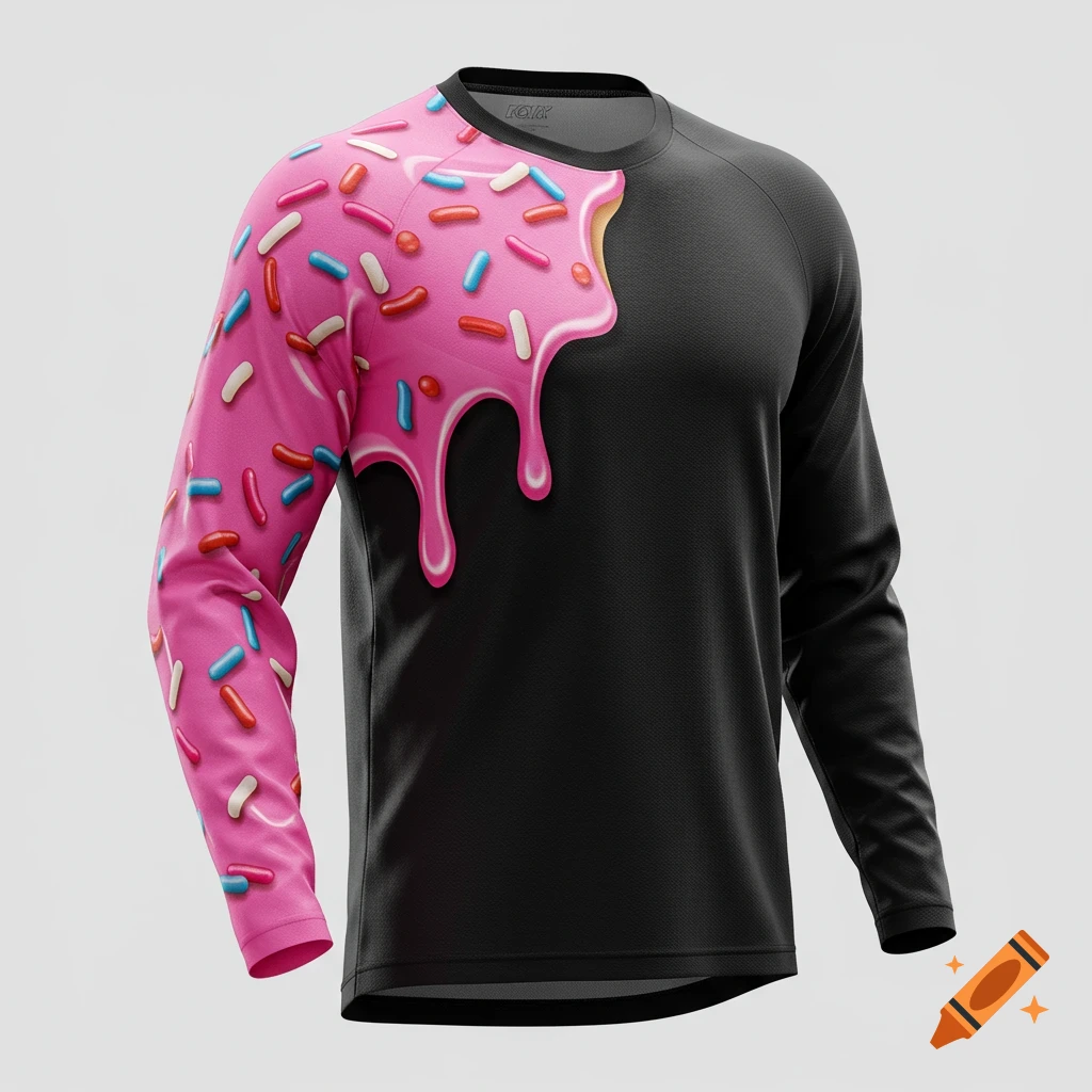 A black long-sleeved jersey featuring a pink donut drip design with colorful sprinkles on the left sleeve and chest.