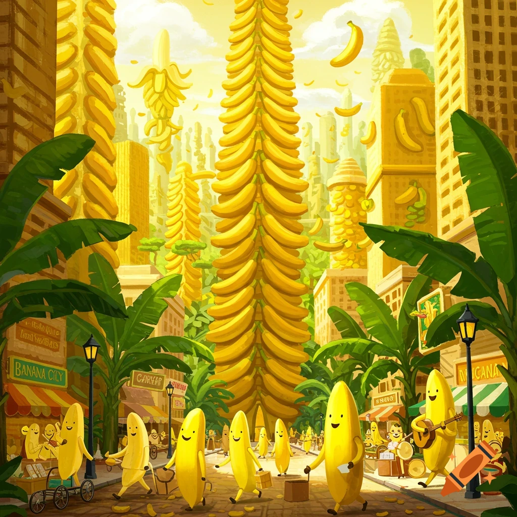 A vibrant cartoon cityscape where buildings are made of bananas, banana trees line the streets, and smiling anthropomorphic banana people walk and interact, some playing music.