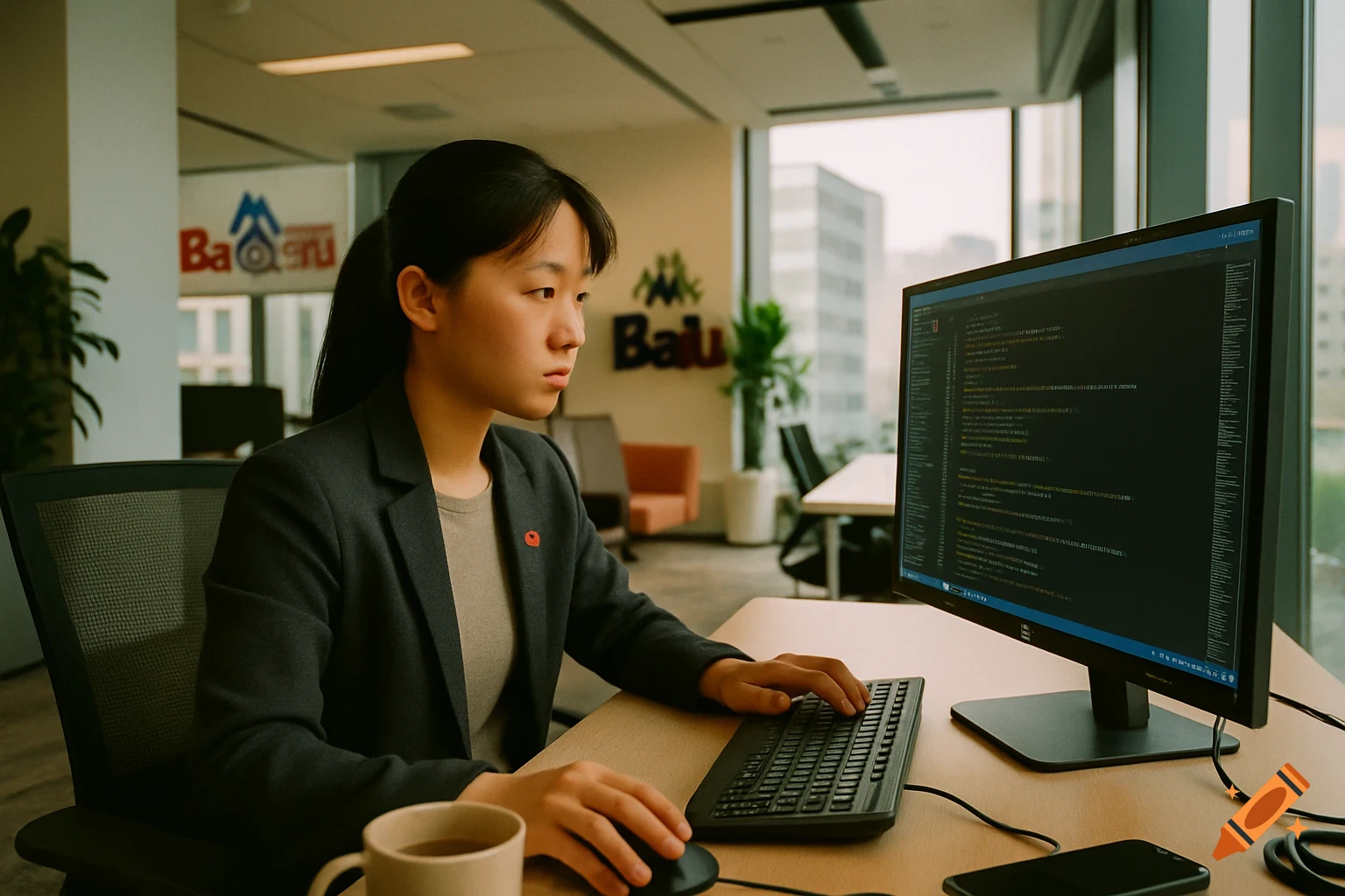 Young Asian woman coding on a computer in a modern office with Baidu logo.