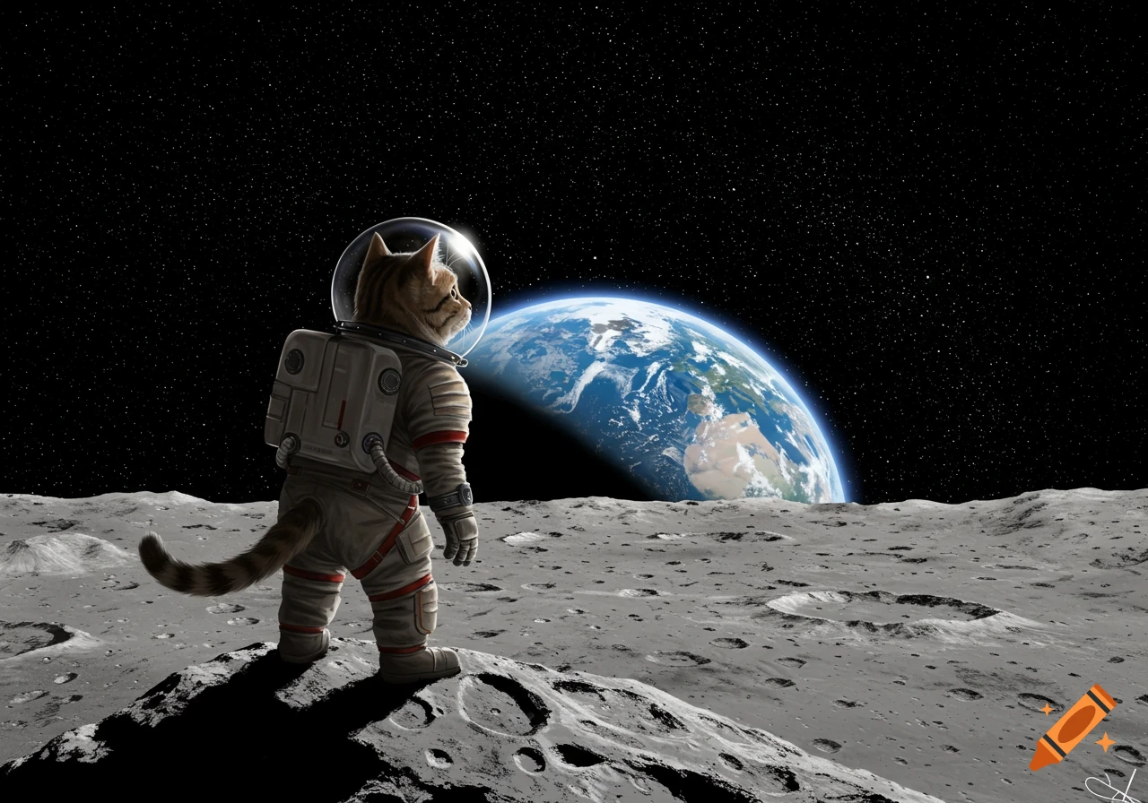 A cat in an astronaut suit stands on the moon's surface, looking at Earth in the distance, against a starry sky.