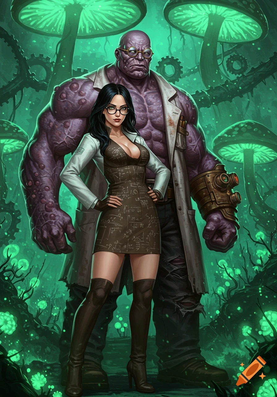A female scientist in a short dress and boots stands next to a large purple-skinned mutant in a lab coat, in a glowing green mushroom forest.