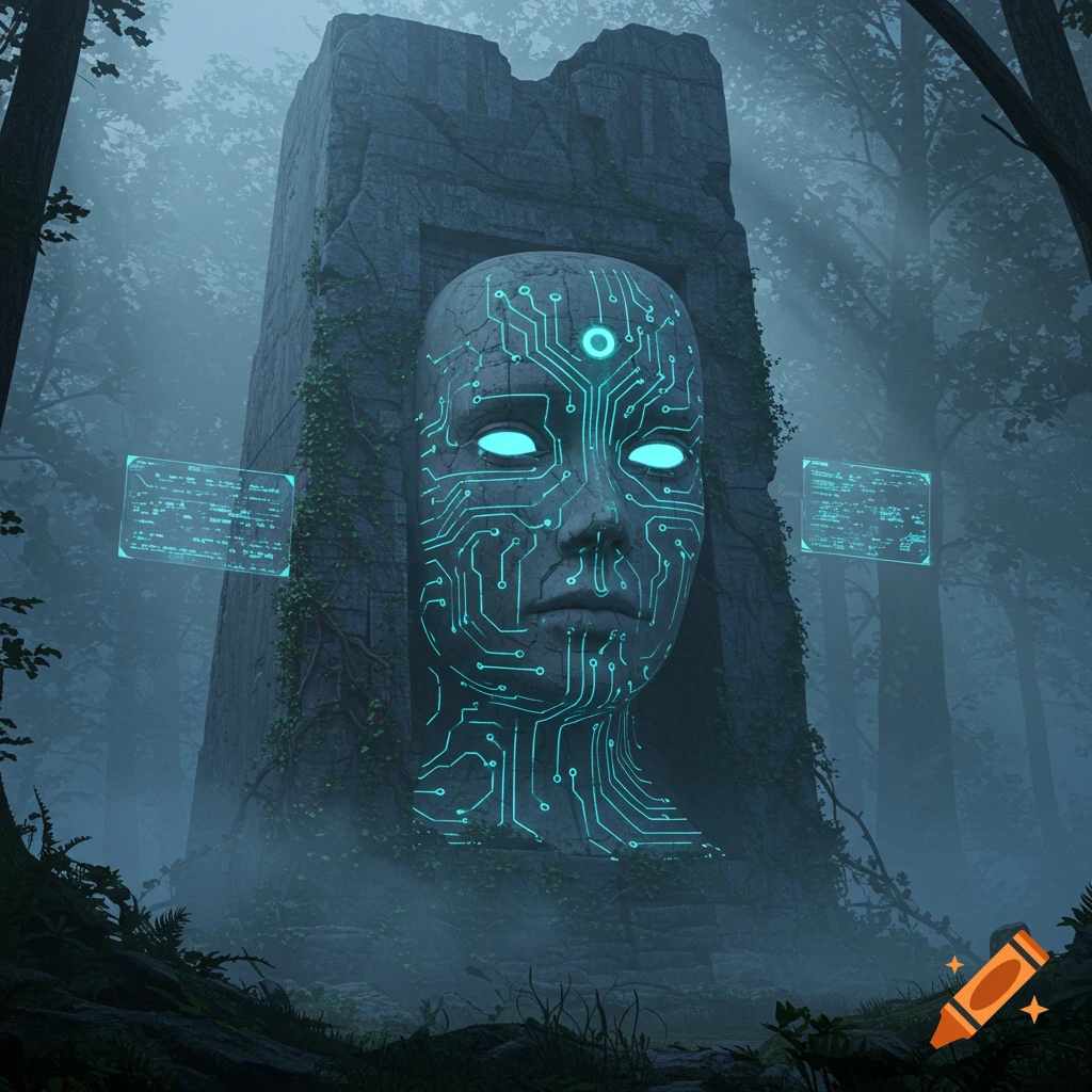 A glowing turquoise circuit-covered stone head emerging from an ancient structure in a misty forest, with floating data panels, in a digital art style.