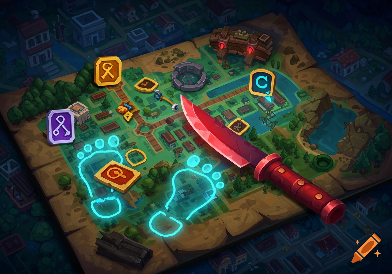 A stylized mobile game map depicting buildings, trees, and roads. A red knife, glowing blue footprints, and various game icons are scattered across it.
